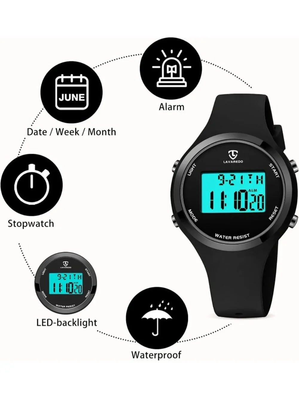 Women's All Black Quartz Chronograph Waterproof Outdoor Sport Digital Watch